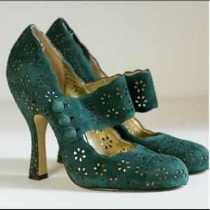 Hale Bob Teal Suede Cutout Mary Jane Heels